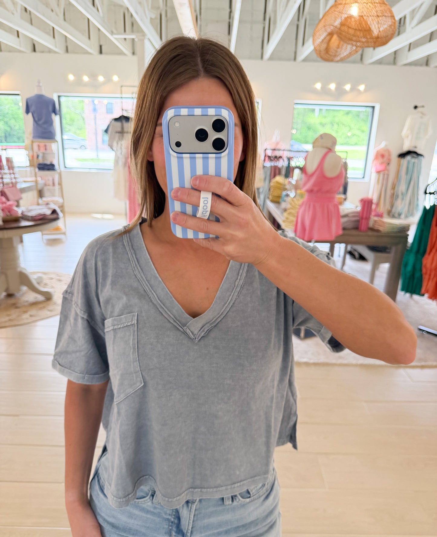 Washed V Neck Boxy Knit Top, Slate Blue
