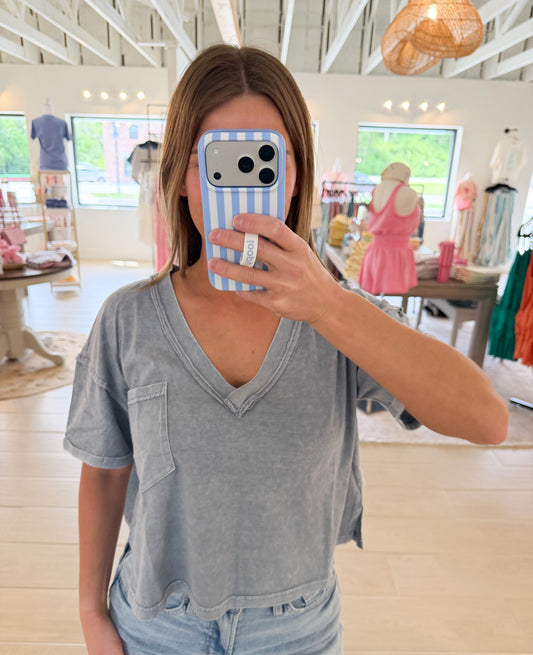 Washed V Neck Boxy Knit Top, Slate Blue