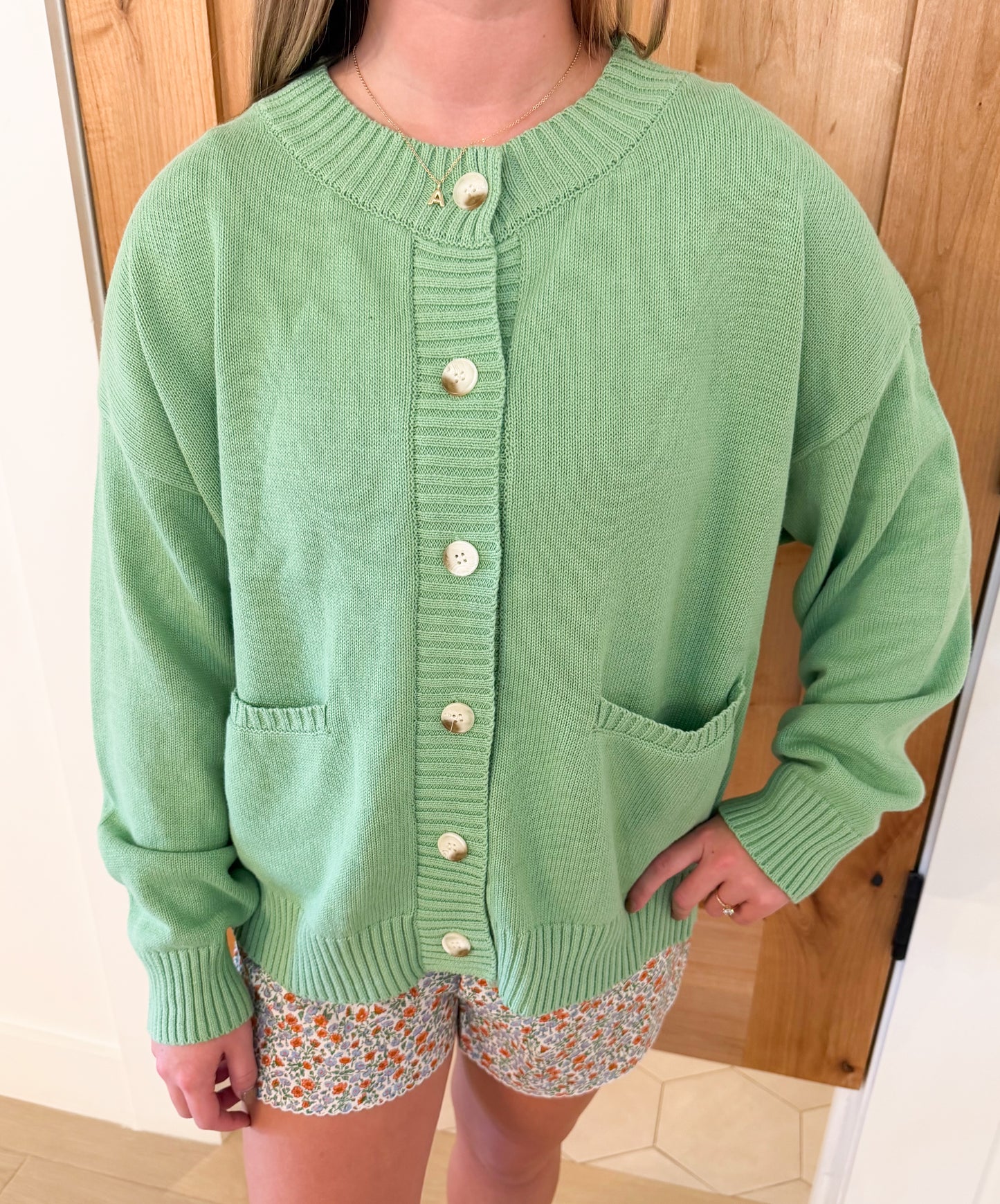 Relaxed Button Cardigan Sweater, Sage