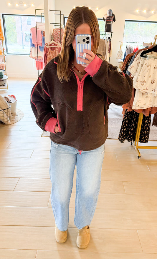 Half Zip Contrast Fleece Sweatshirt, Chocolate