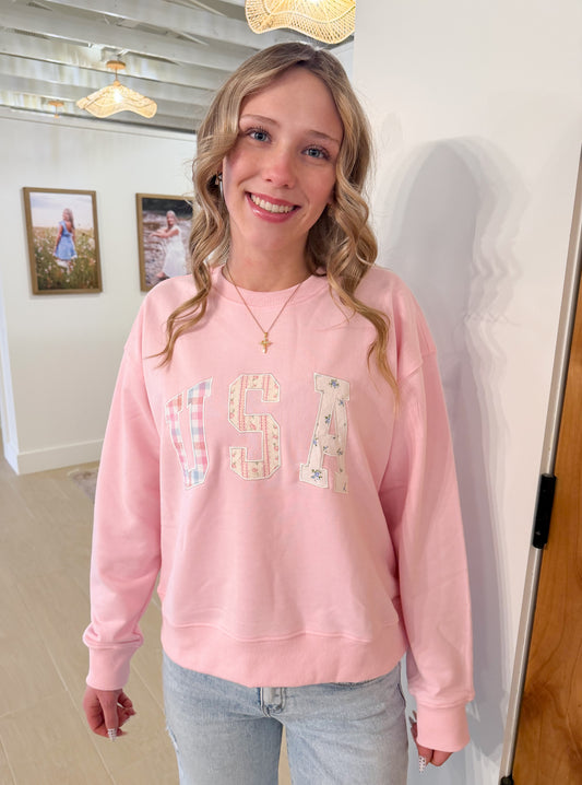 Multi-Print Patchwork USA Pullover, Bubblegum
