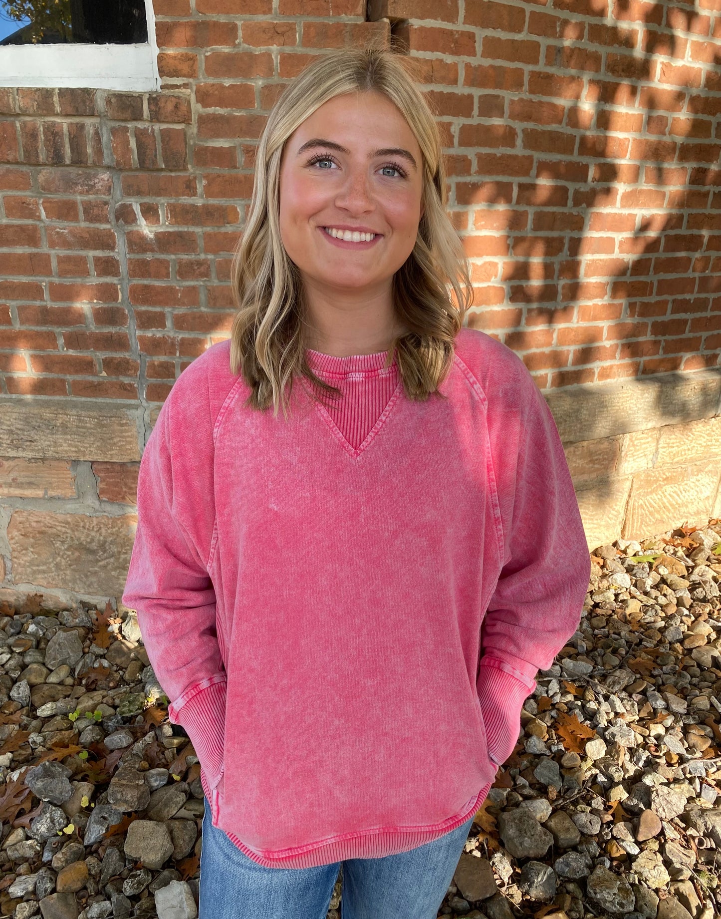 Snow Washed French Terry Round Neck Pullover, Red