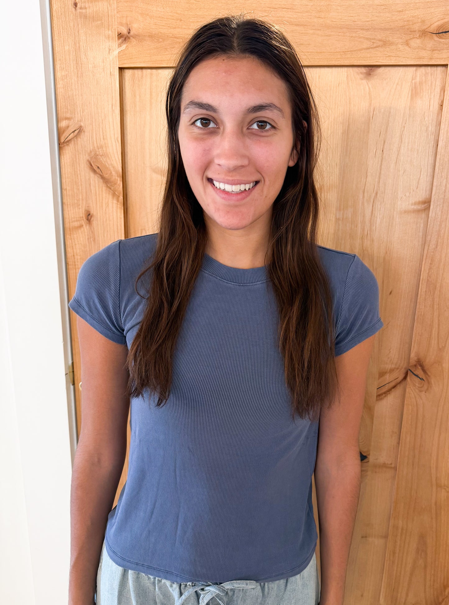 Ribbed Short Sleeve Basic Top, Dark Indigo