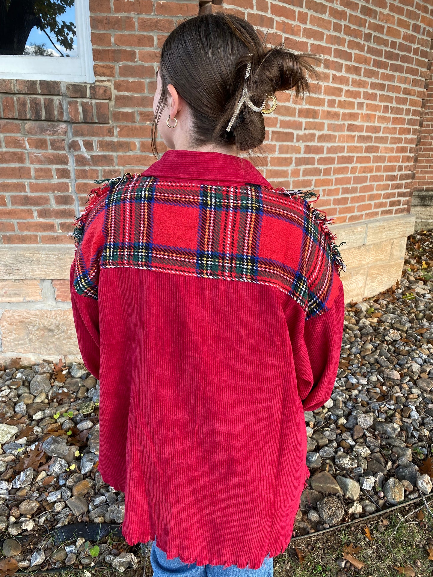 Frayed Corduroy Plaid Jacket, Red