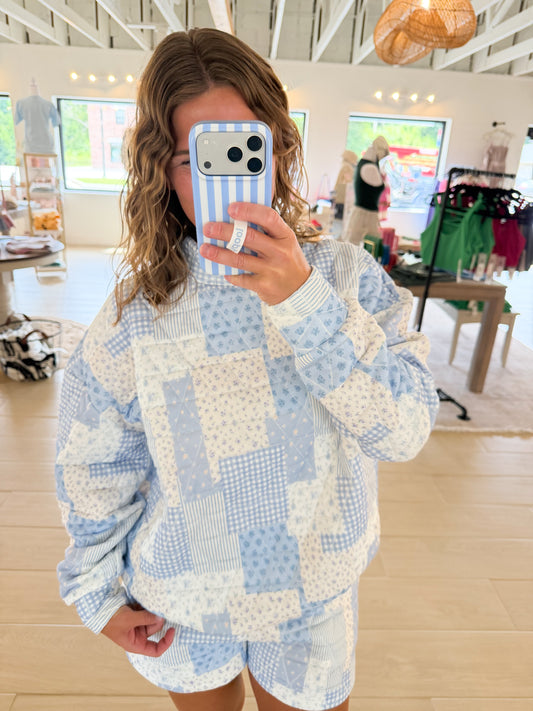 Patchwork Quilted Mock Neck Pullover, Blue