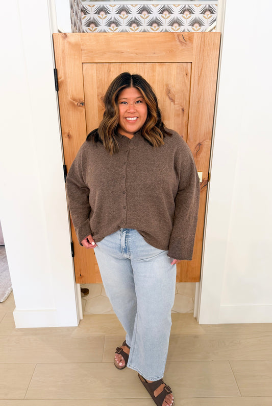 Plus Lightweight Button Down Knit Cardigan, Dark Brown