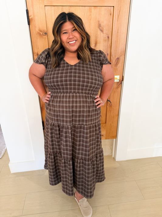 Plus Plaid Smocked Tiered Midi Dress