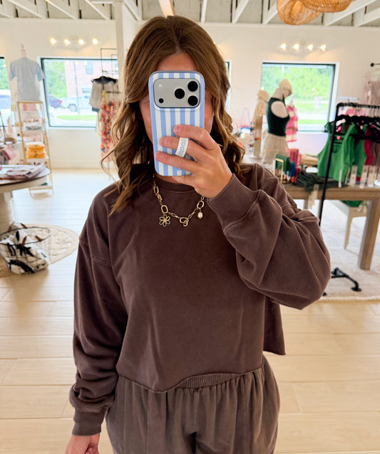 Mineral Wash Cropped Sweatshirt, Brown