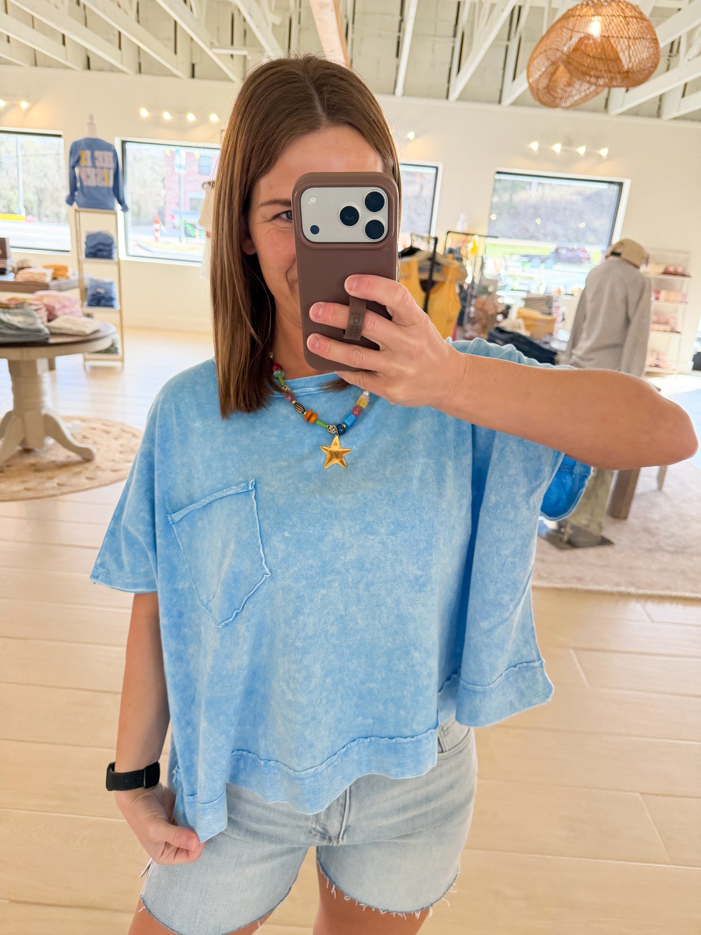 Halo Washed Oversized Top, Sky Blue
