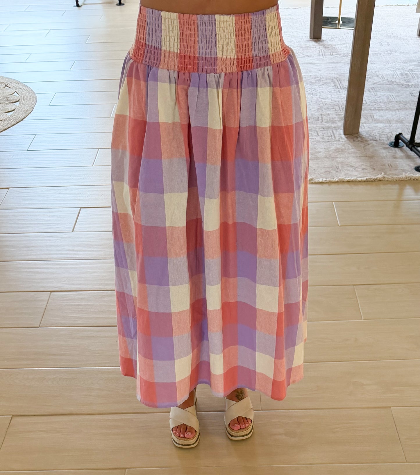 Smocked Waist Plaid Tiered Midi Skirt