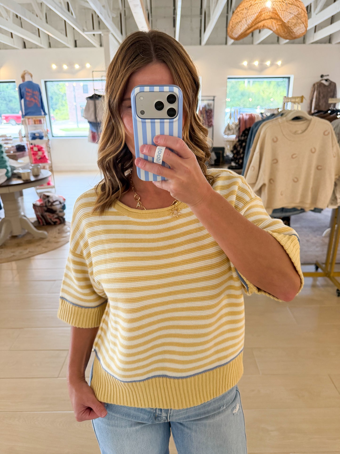 Stripe Contrast Half Sleeve Sweater, Butter Yellow