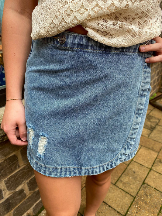 Stone Washed Wrap Mini Skirt