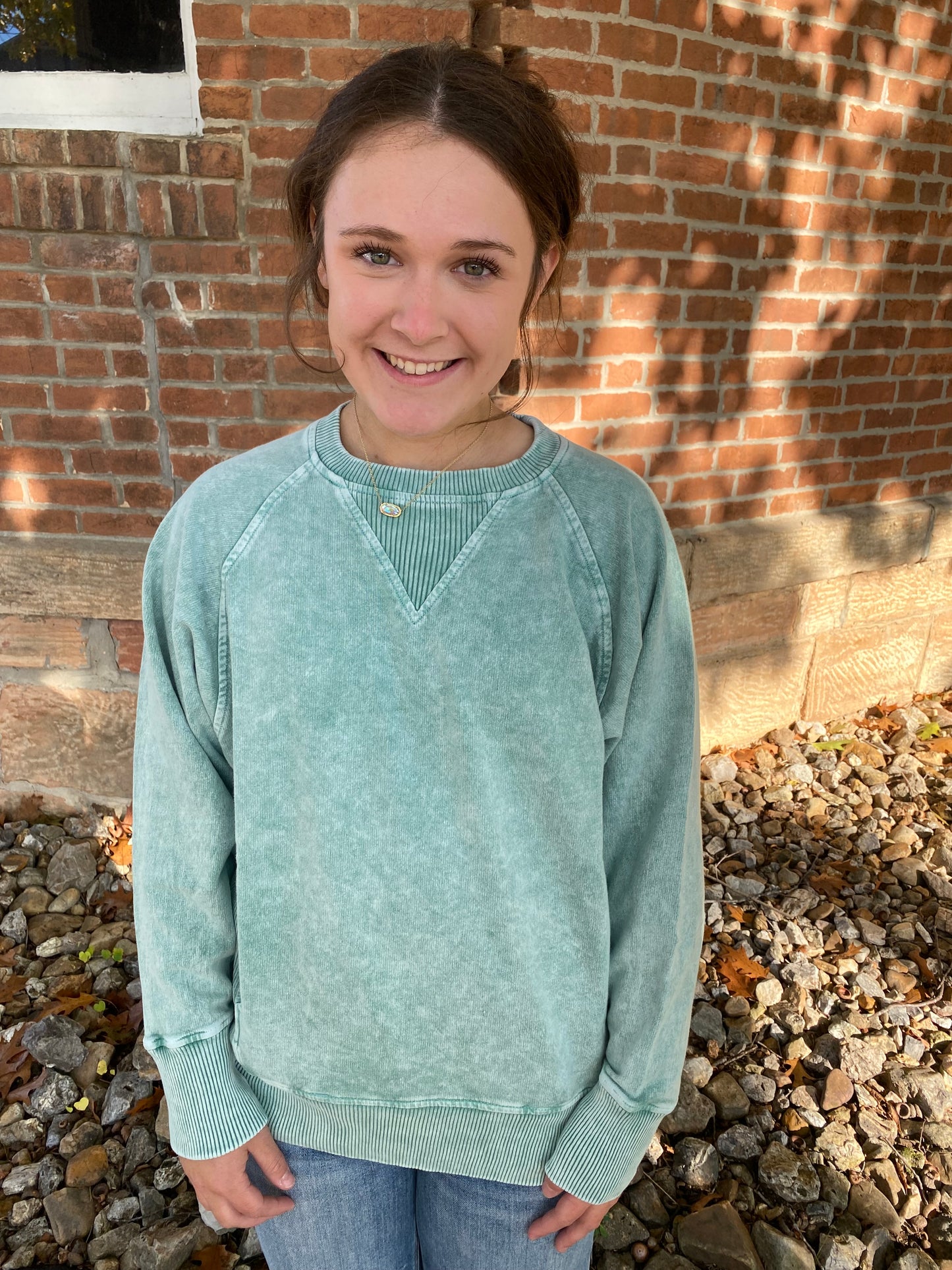 Snow Washed French Terry Round Neck Pullover, Dark Green