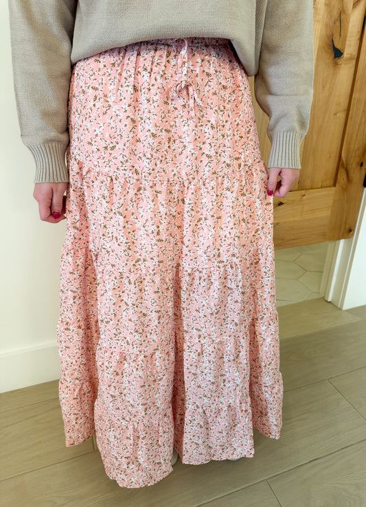 Textured Tiered Floral Skirt, Peach