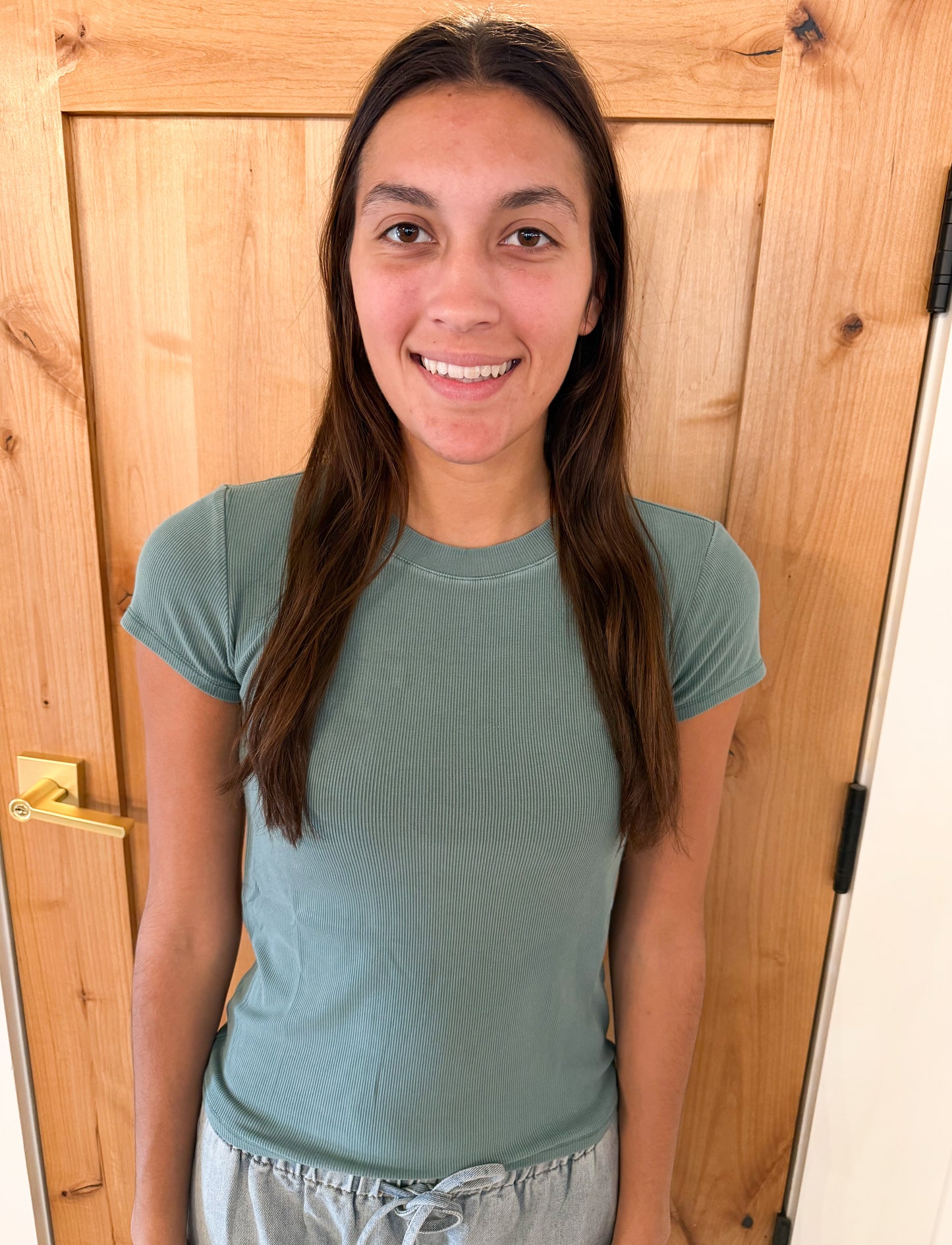 Ribbed Short Sleeve Basic Top, Jade