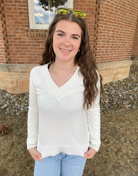 Scallop Edge Detailed V-neck Sweater, Off White