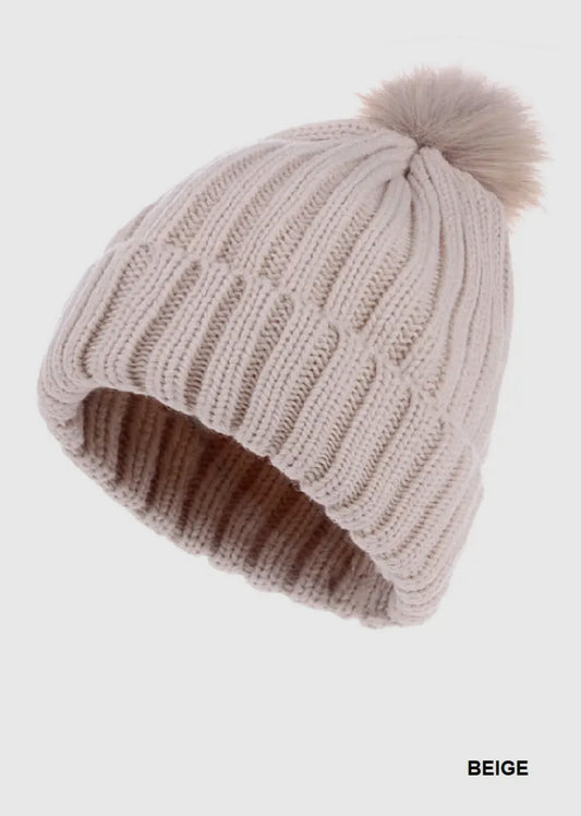 Ribbed Knitted Pom Pom Beanie