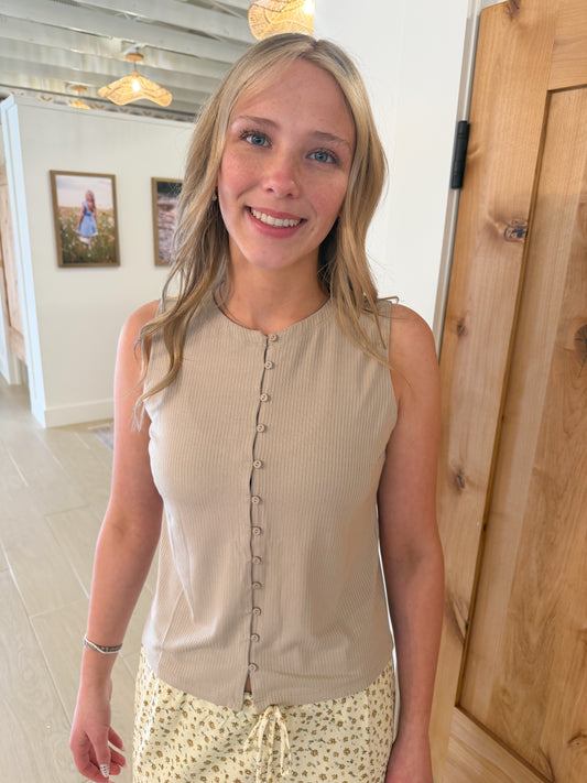 Ribbed Knit Button Up Tank, Taupe