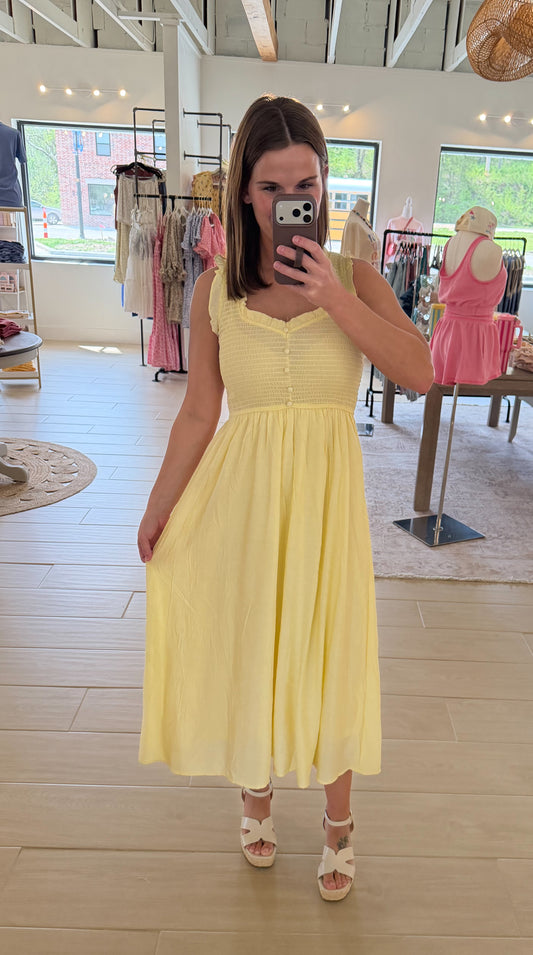 Sweetheart Smocked Midi Dress, Butter Yellow