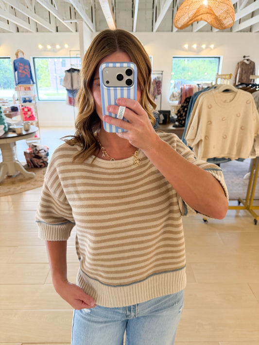Stripe Contrast Half Sleeve Sweater, Khaki