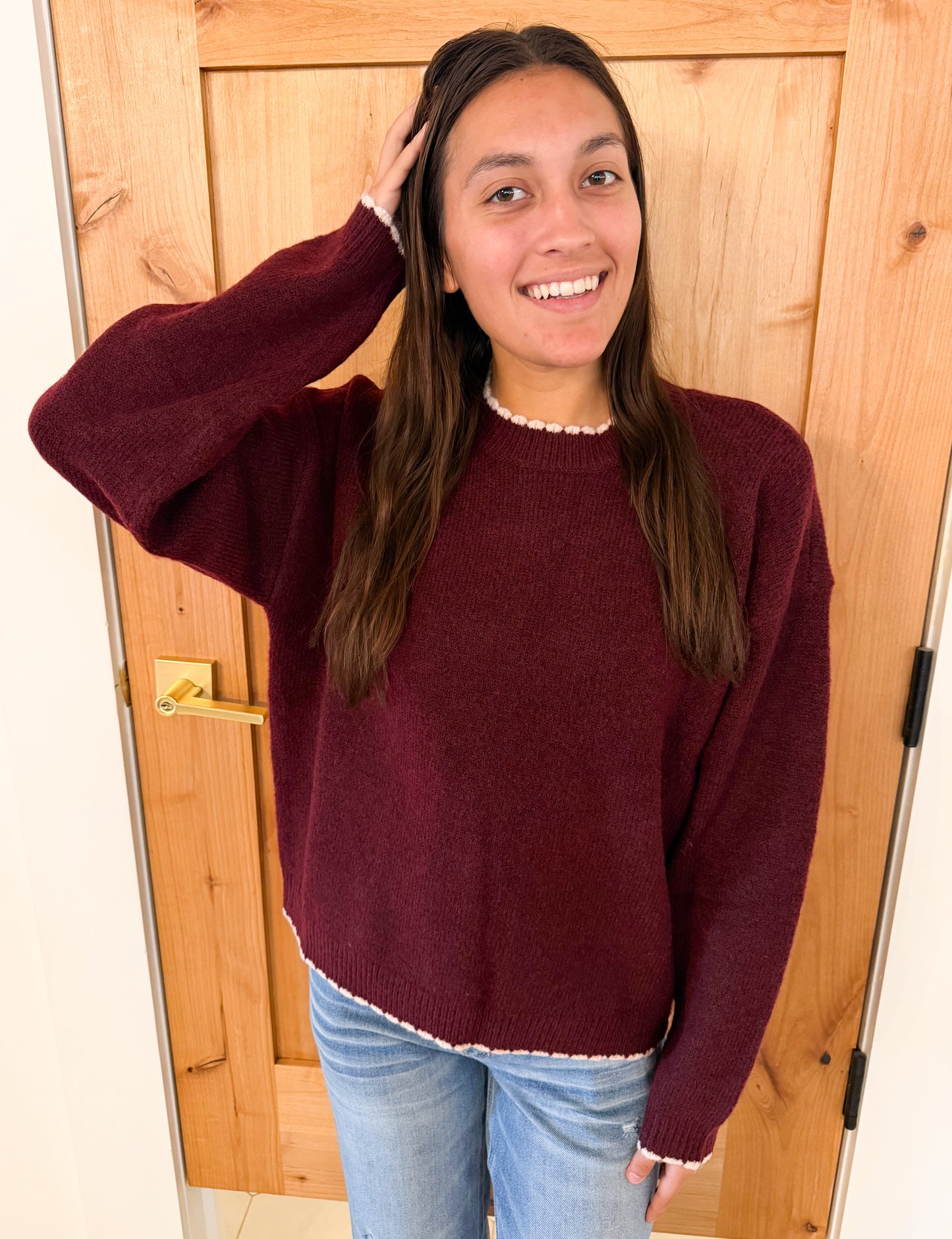 Contrast Edge Long Sleeve Sweater, Red Wood