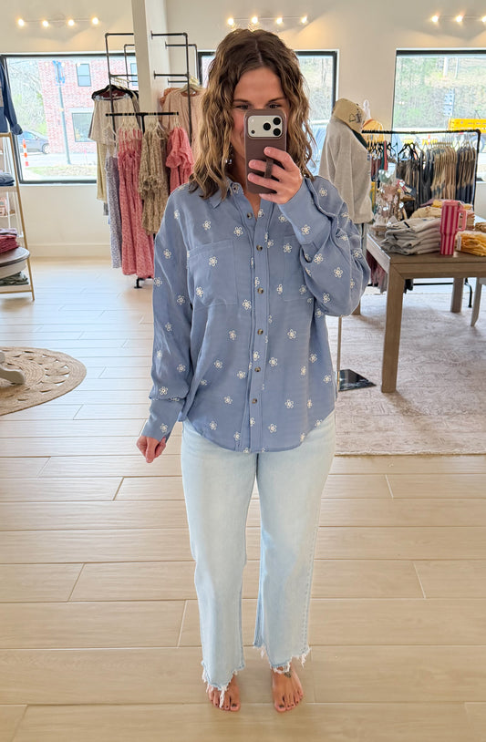 Floral Embroidered Button Down
