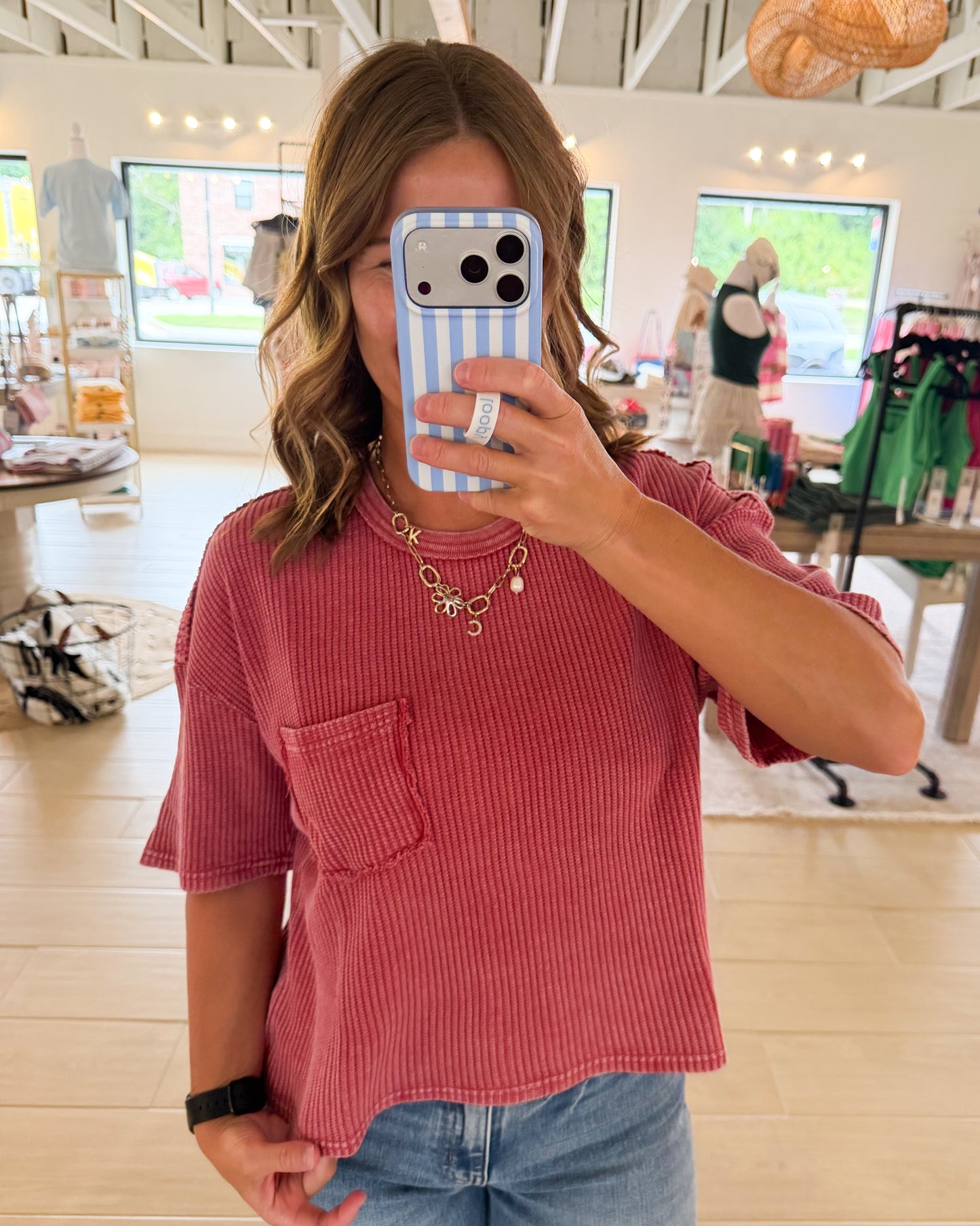 Mineral Wash Waffle Pocket Top, Red