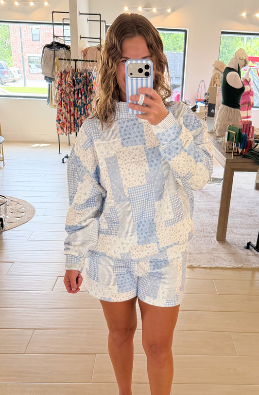 Patchwork Quilted Shorts, Blue