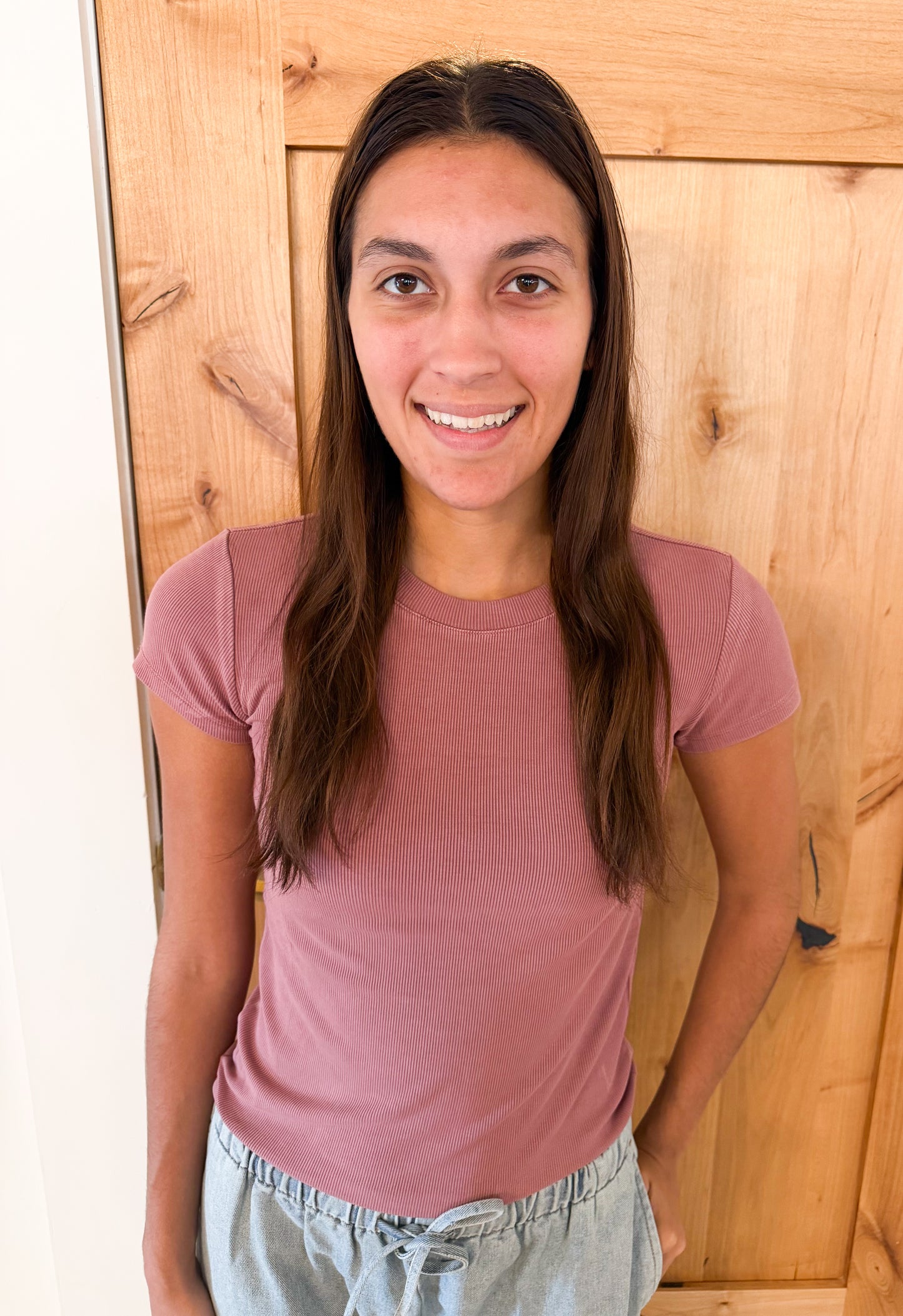 Ribbed Short Sleeve Basic Top, Foxglove