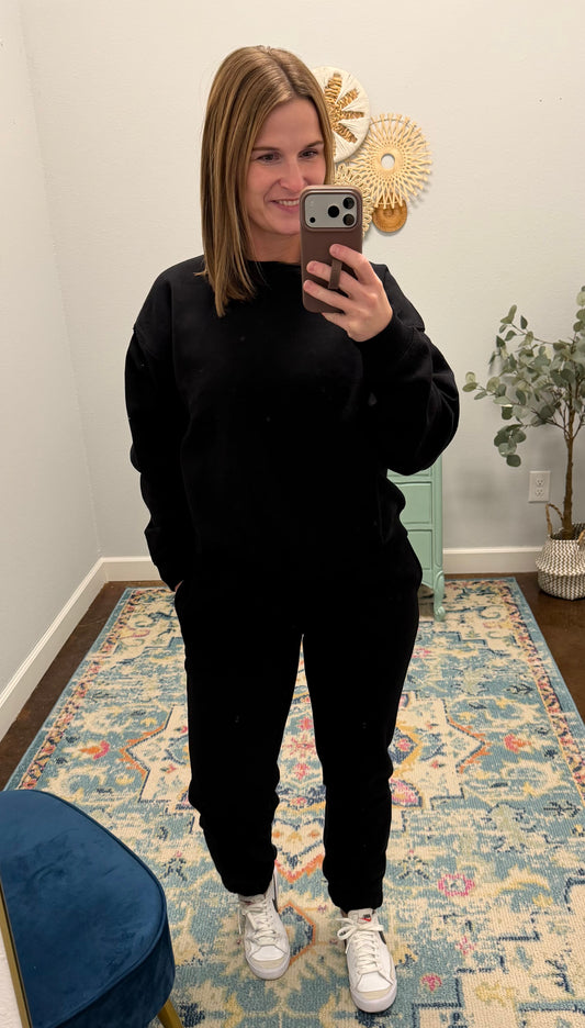 Fleece Long Sleeve Jogger Set, Black
