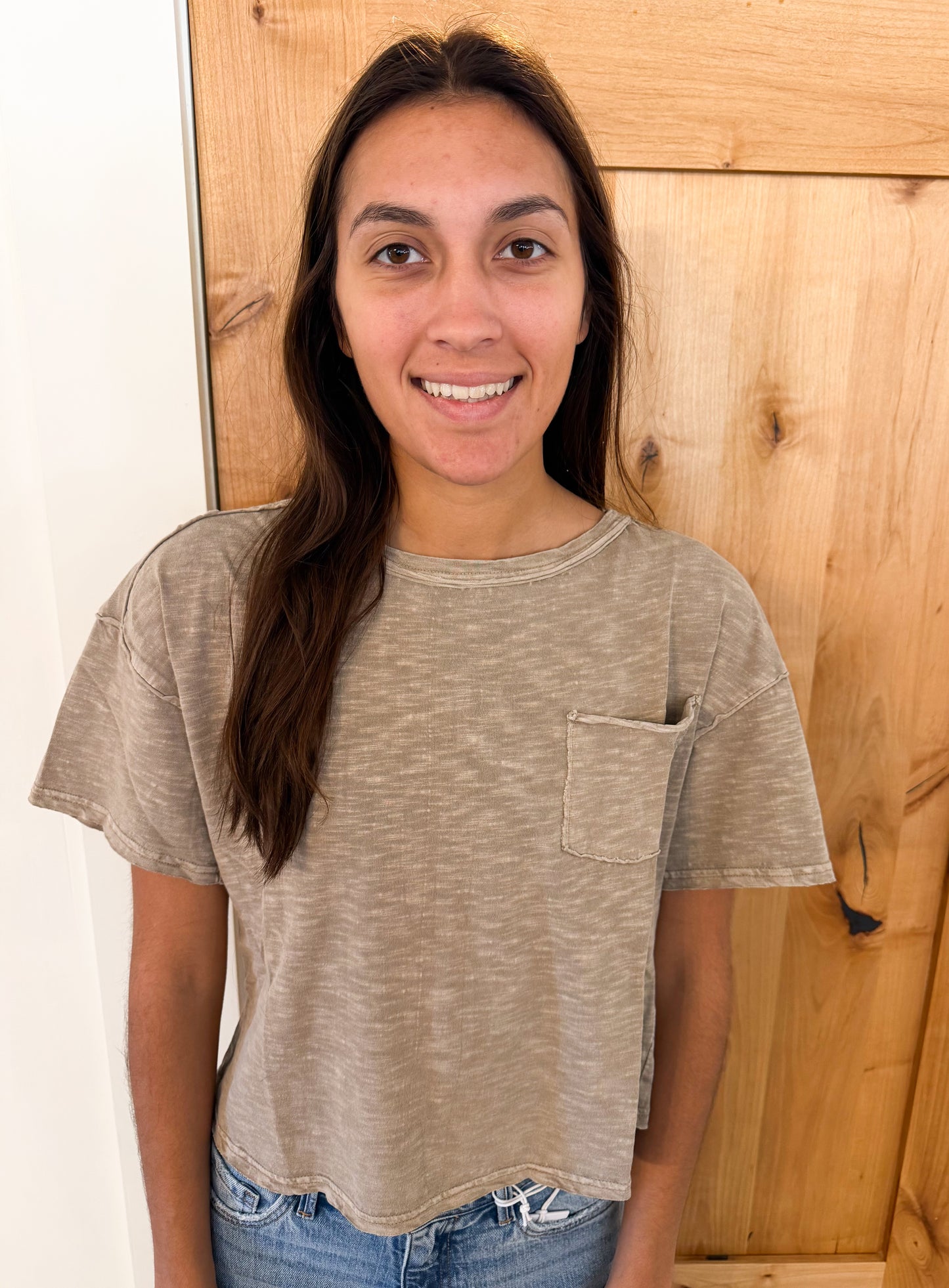 Raw Edge Short Sleeve Crop Tee, Mocha