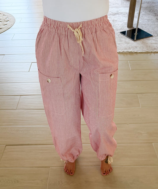 Striped Cargo Tie-Hem Pants, Red