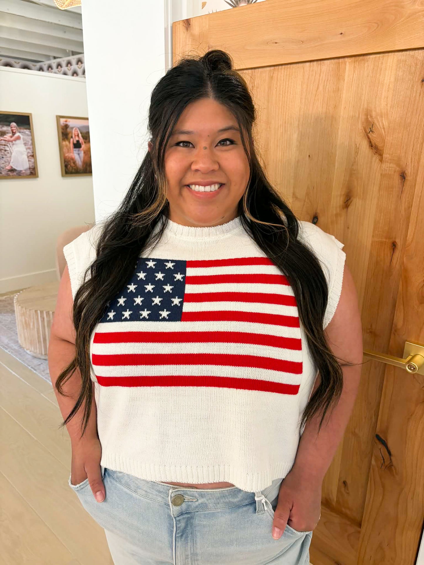 Plus Size American Flag Short Sleeve Sweater