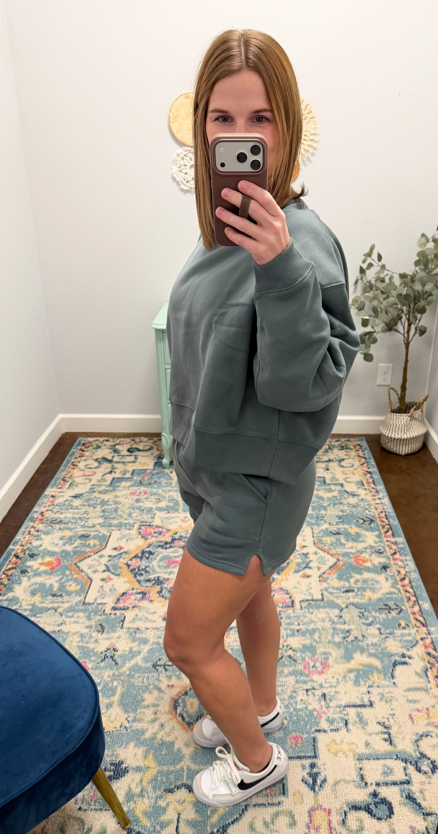 Fleece Long Sleeve Sweatshirt & Short Set, Ash Jade