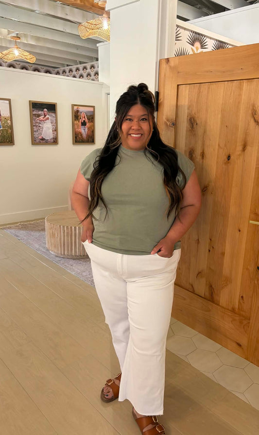 Plus Size Basic Acid Wash Capped Sleeve Tee, Sage