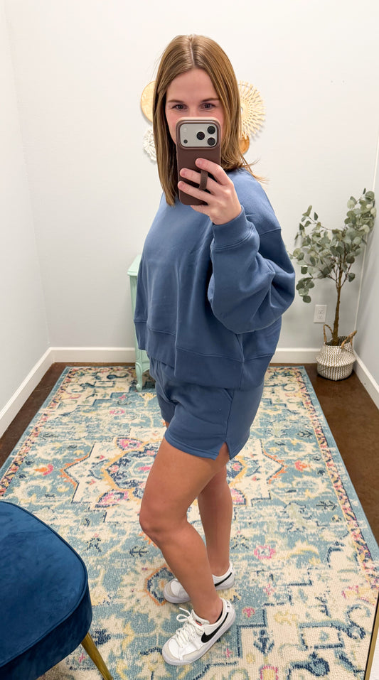 Fleece Long Sleeve Sweatshirt & Short Set, Dusty Blue