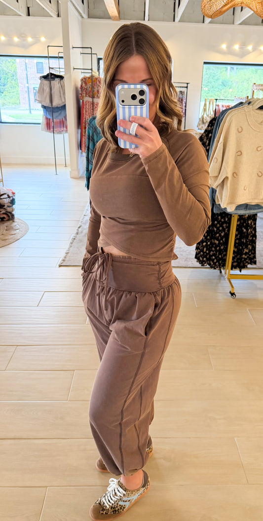 Wide Waistband Jogger Pants, Brown