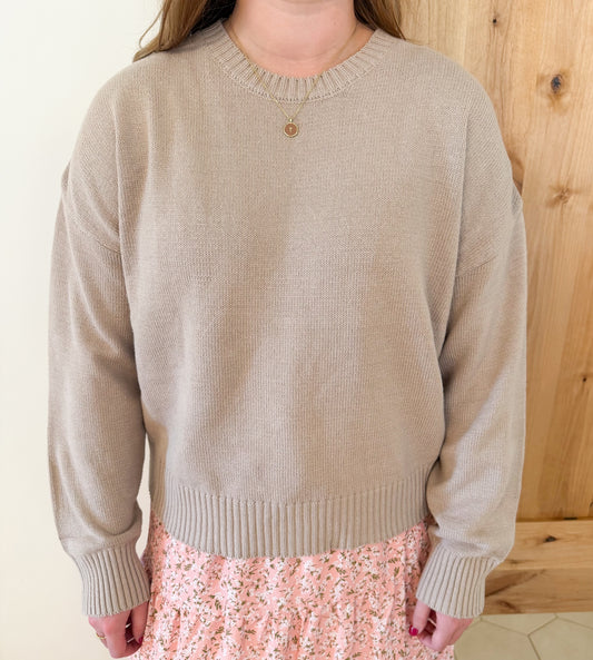 Basic Relaxed Crop Sweater, Taupe