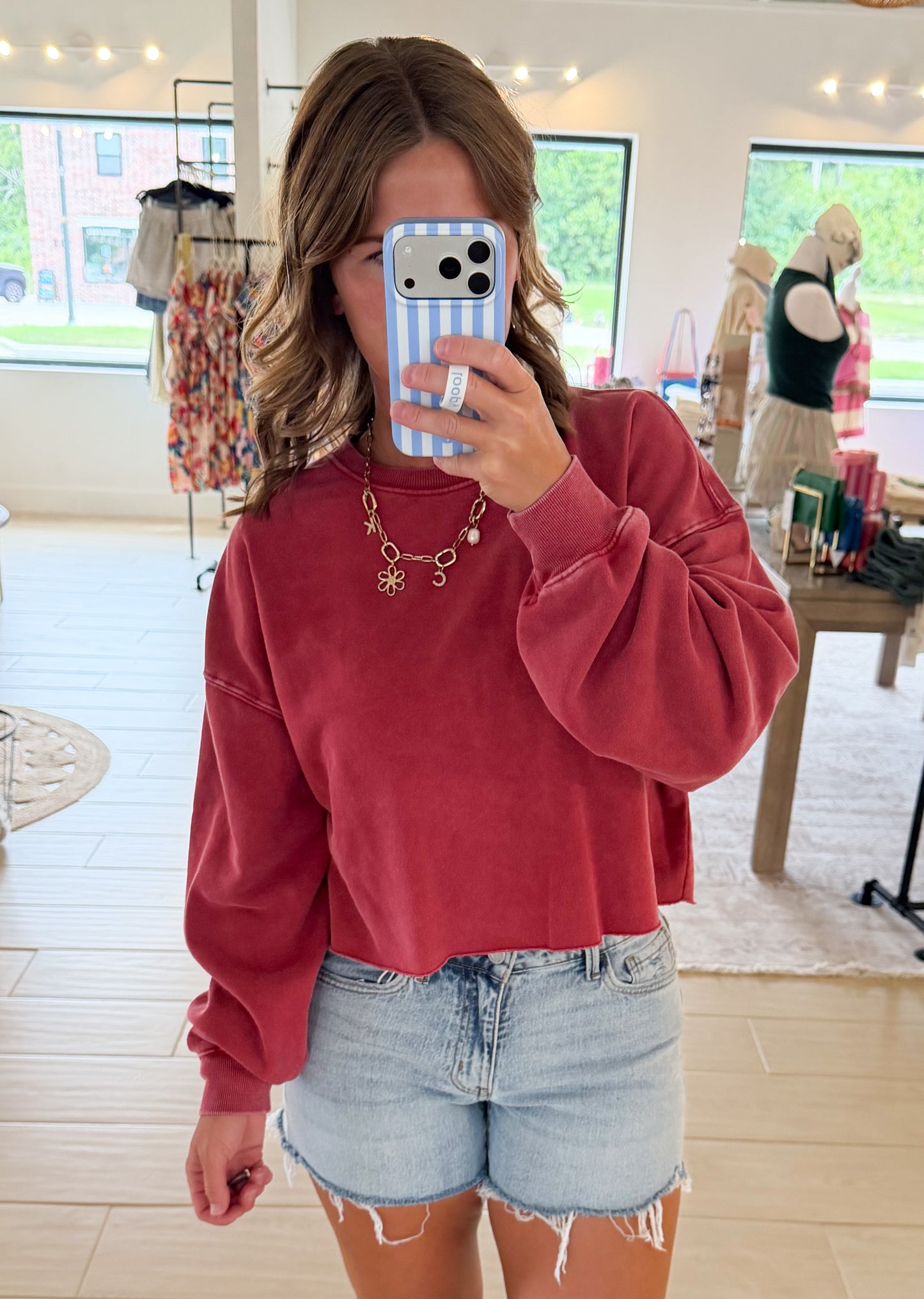 Mineral Wash Cropped Sweatshirt, Dark Red