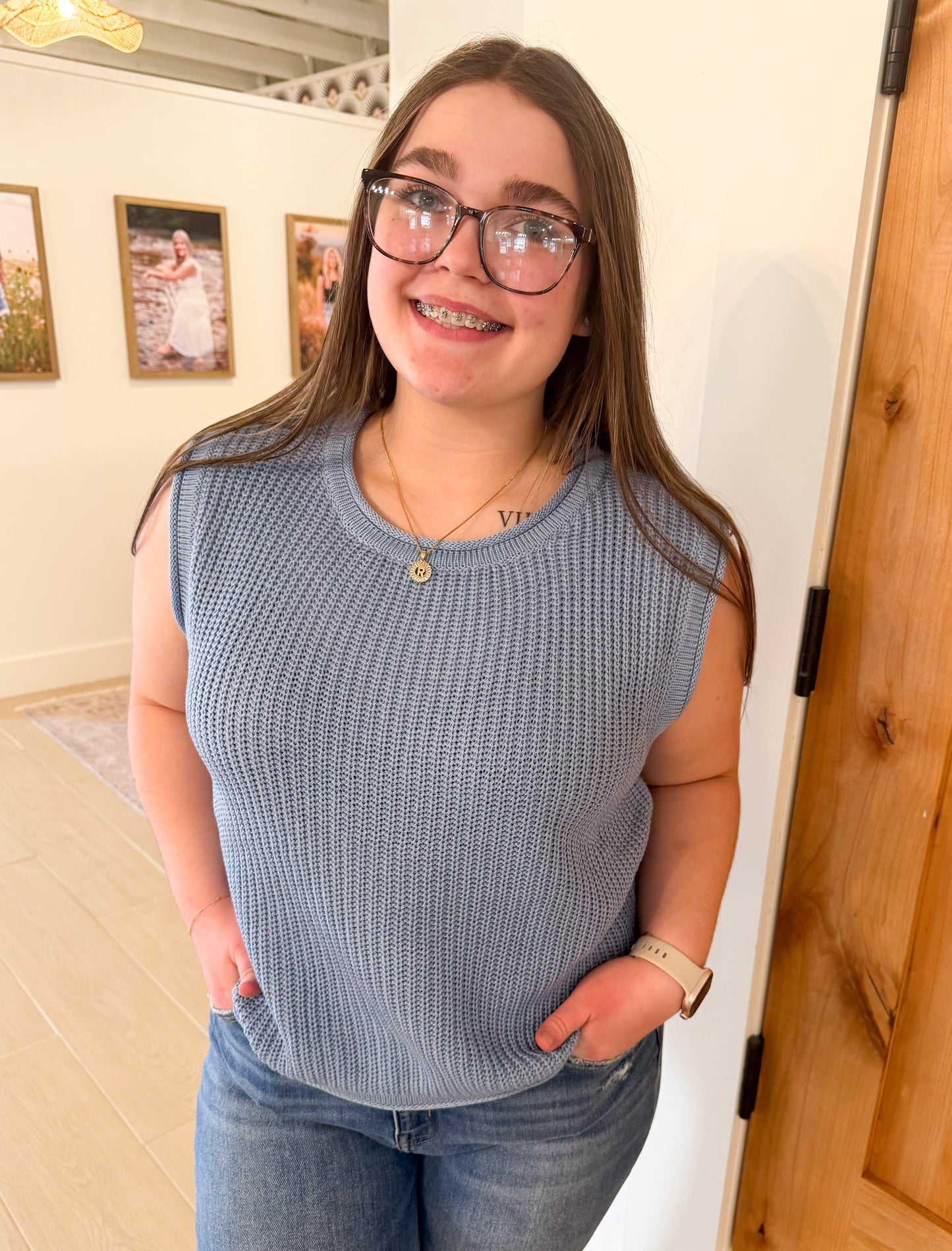 Sleeveless Knit Sweater, Cloud Blue