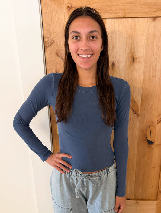 Ribbed Long Sleeve Basic Top, Dark Indigo