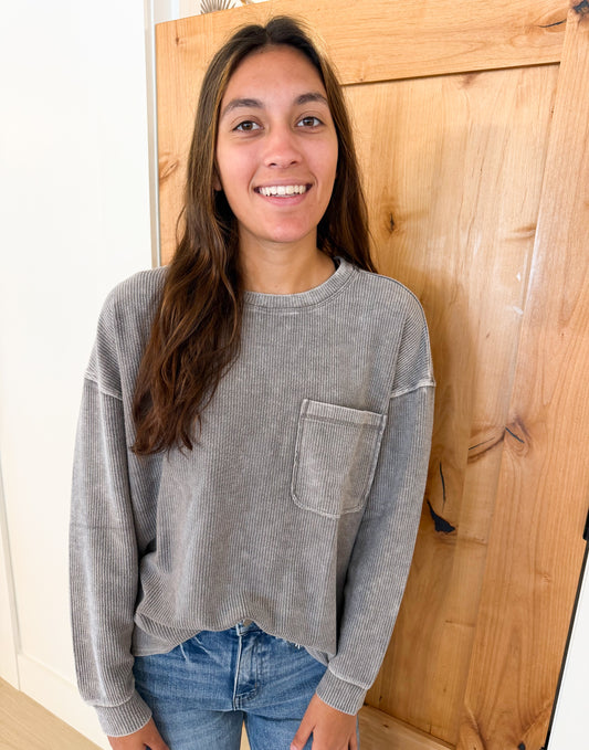 Washed Pocket Long Sleeve Rib Top, Multiple