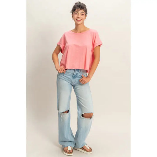Acid Washed Cross Detail Open Back Top, Taffy