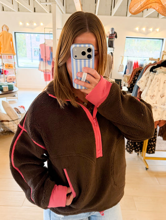 Half Zip Contrast Fleece Sweatshirt, Chocolate