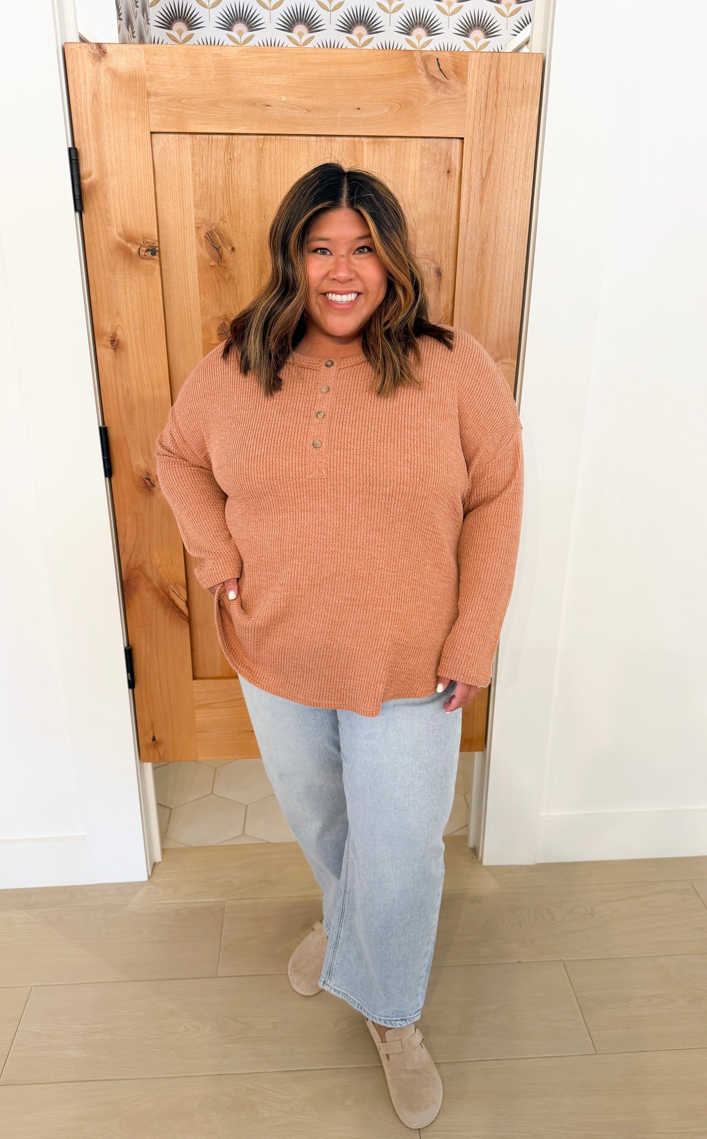 Plus Waffle Henley Long Sleeve, Terracotta