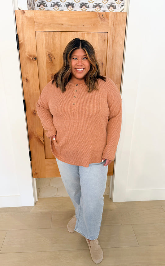 Plus Waffle Henley Long Sleeve, Terracotta