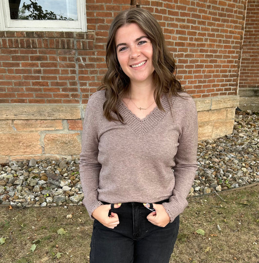 Scallop Edge Detailed V-neck Sweater, Mocha
