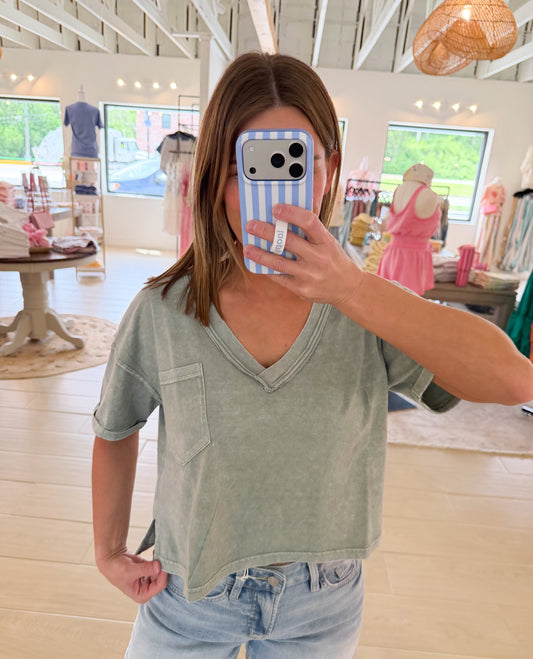 Washed V Neck Boxy Knit Top, Olive