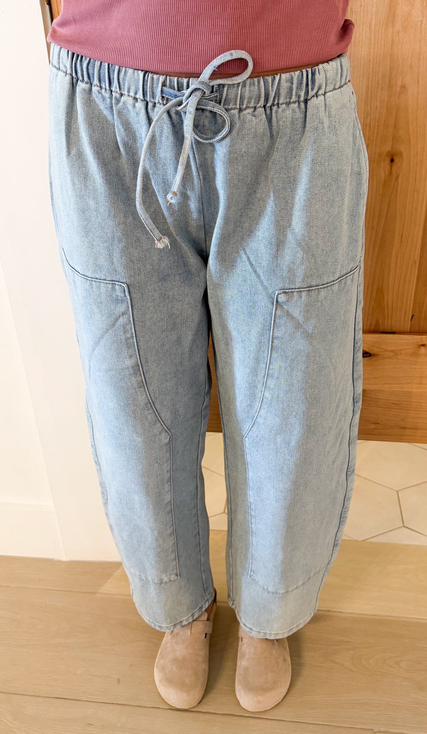 Drawstring Barrel Denim Pants, Denim