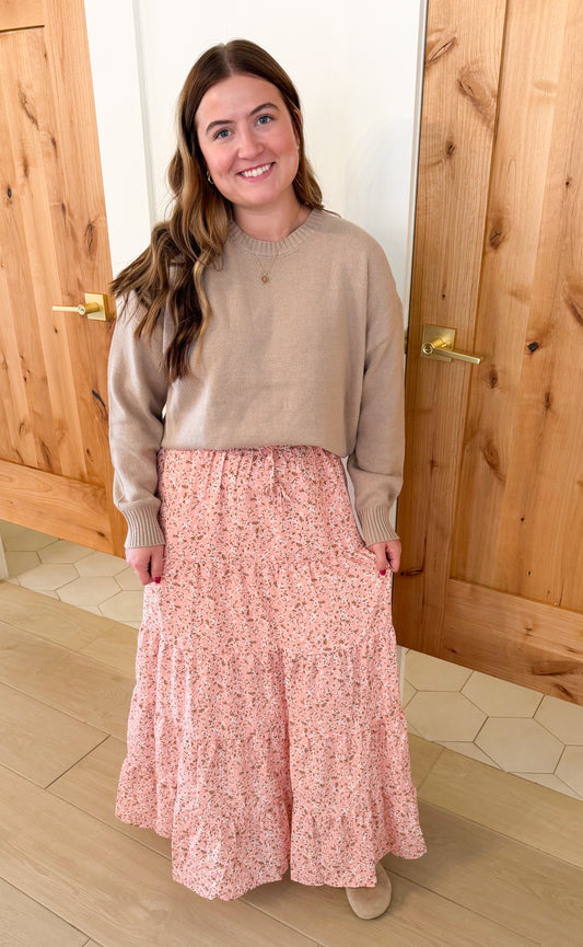 Textured Tiered Floral Skirt, Peach